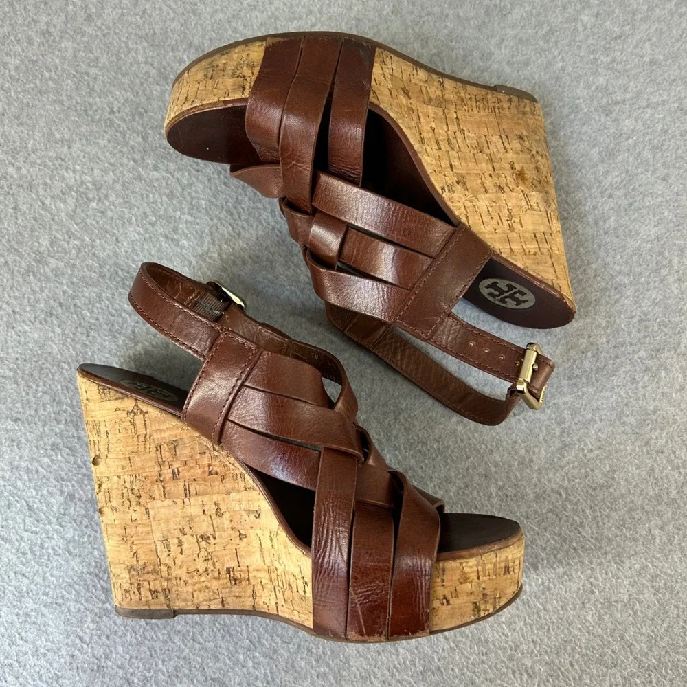 Tory Burch Ace Wedge Heels Brown Sienna Leather Strappy Cork Sandals Size‎ 7 M